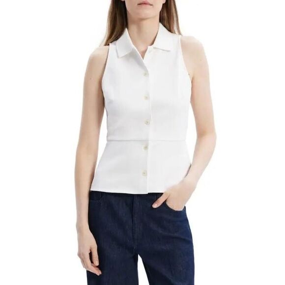 NWT THEORY Cotton Blend Piqué Peplum Top - White - Picture 2 of 12